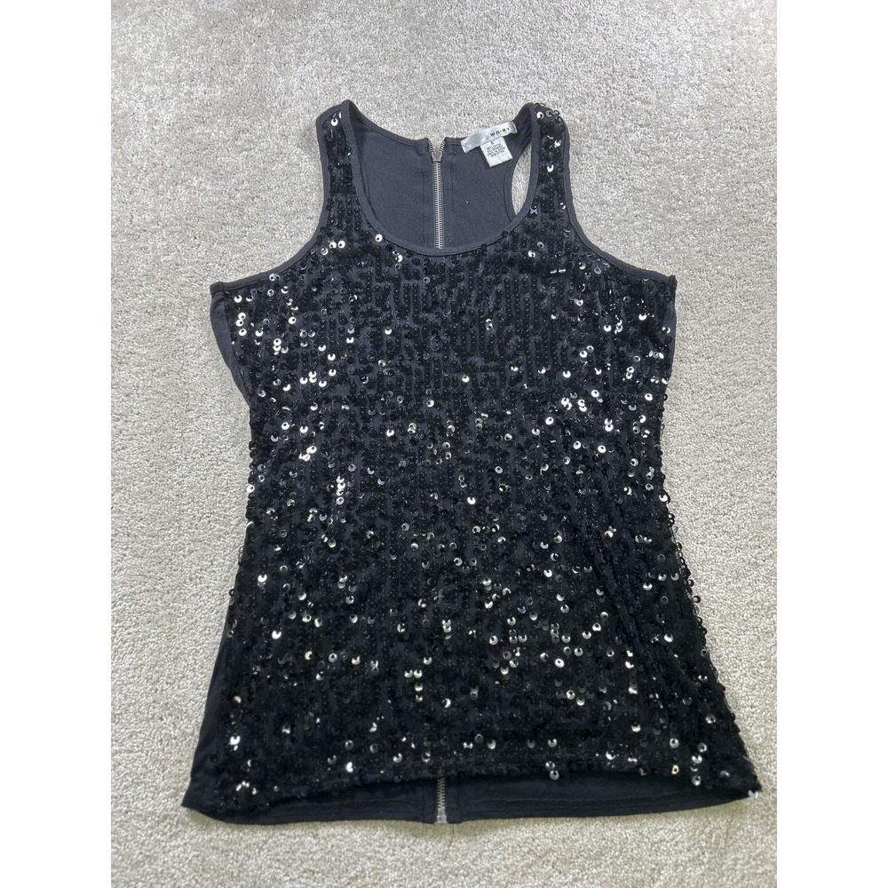 WD NY Tank Top Womens Small Black Sequin Sleeveless Zip Back Party Shirt Sparkle